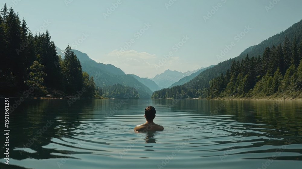Man swimming in serene mountain lake. Man swimming in serene mountain lake.