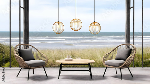 Illustration Relaxing Beach House Ocean View Furniture Decor Tranquil