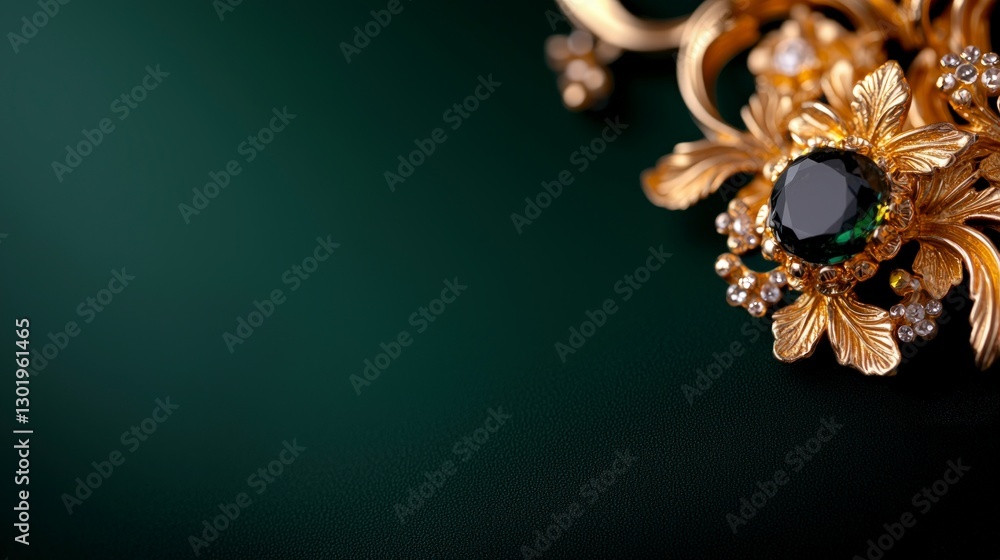 Naklejka premium Elegant Gold Brooch with Green Gemstone Diamond Accents