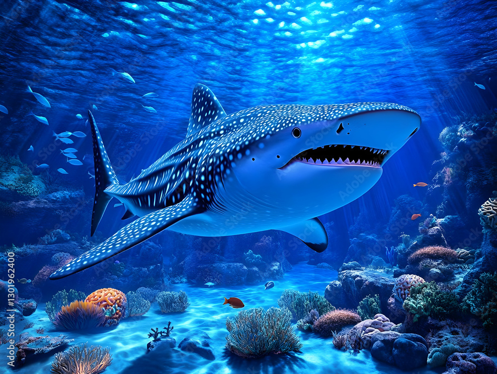 Fototapeta premium Illustration Majestic Whale Shark Ocean Coral Reef Underwater Scene