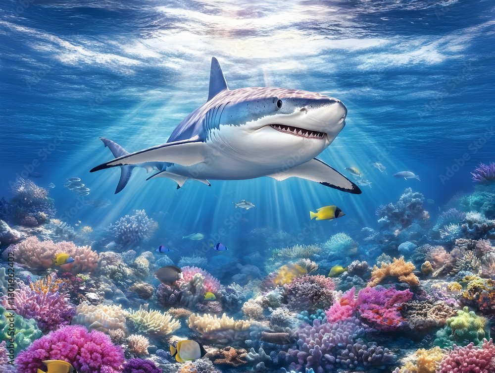 Fototapeta premium Illustration - Great White Shark and Coral Reef Underwater Scene