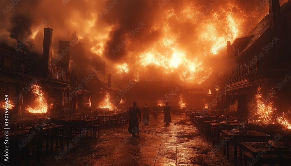 Unhealthy Air and Raging Fire Engulfing Old Town Restaurant, Disaster Scene Unhealthy Air and Raging Fire Engulfing Old Town Restaurant, Disaster Scene