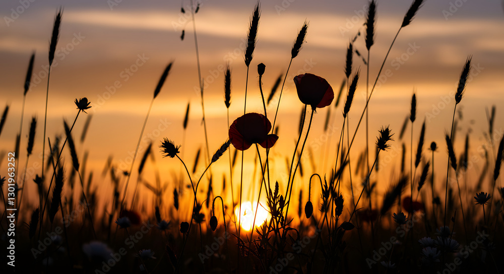 Obraz premium Silhouette of poppies and wheat at golden sunset landscape red sky art on transparent background
