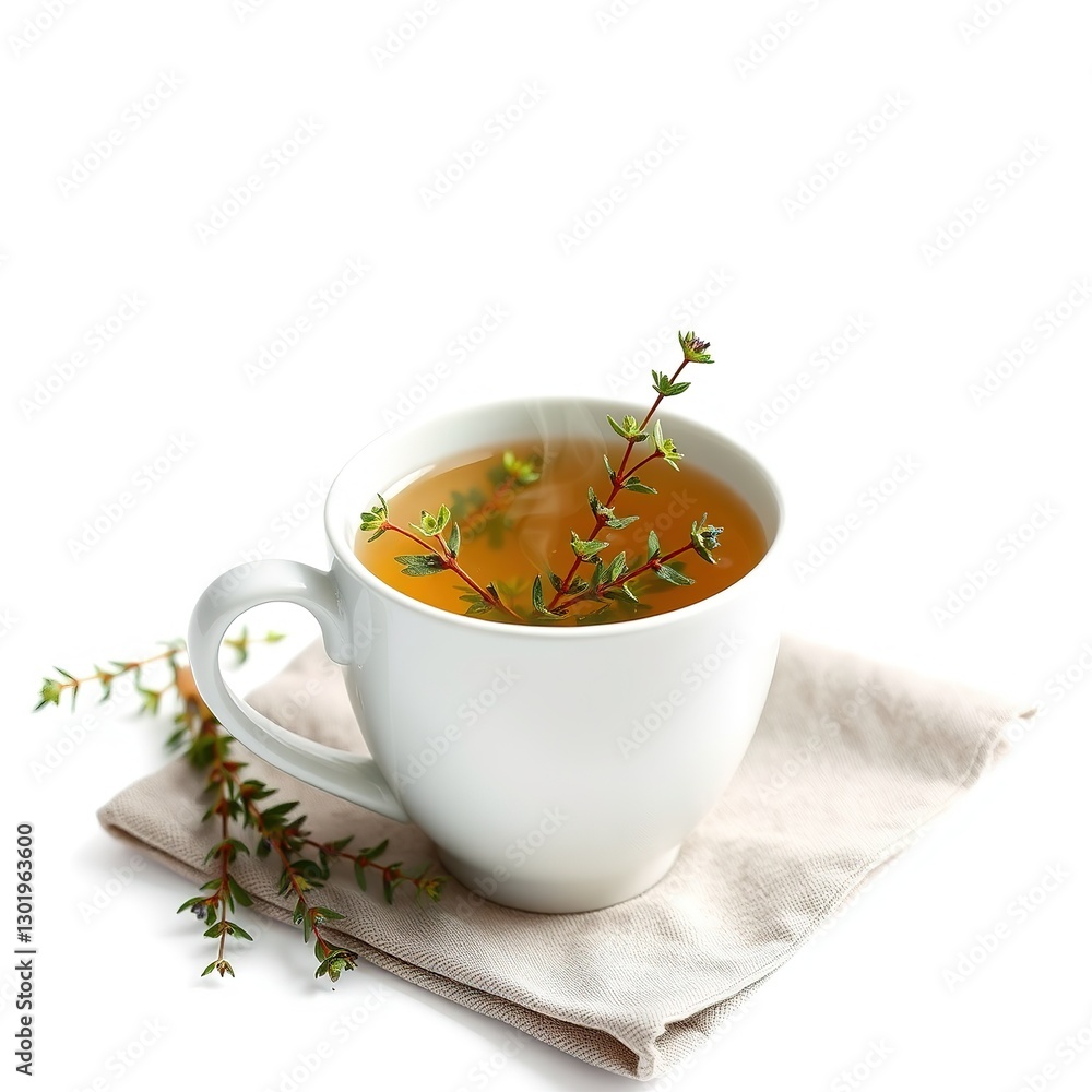 Aromatic Manga Moment: Steaming Thyme Tea in Whiteware on Linen Aromatic Manga Moment: Steaming Thyme Tea in Whiteware on Linen