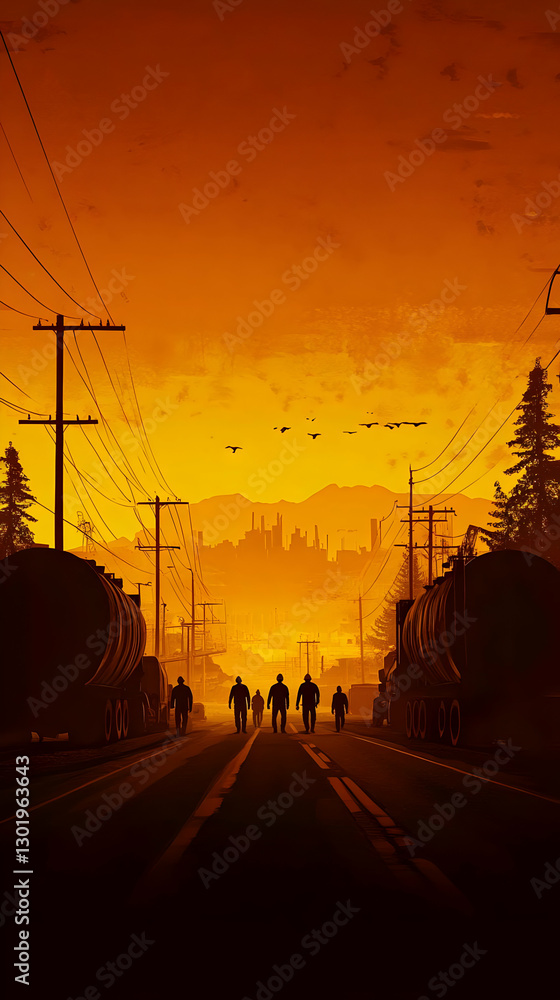Obraz premium Illustration - Sunset Cityscape Workers Road Industry Trucks