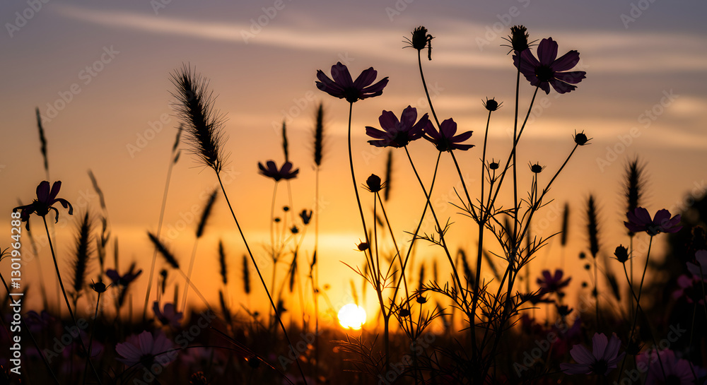 Obraz premium Silhouette of cosmos flowers at sunset golden hour peaceful nature scene on transparent background