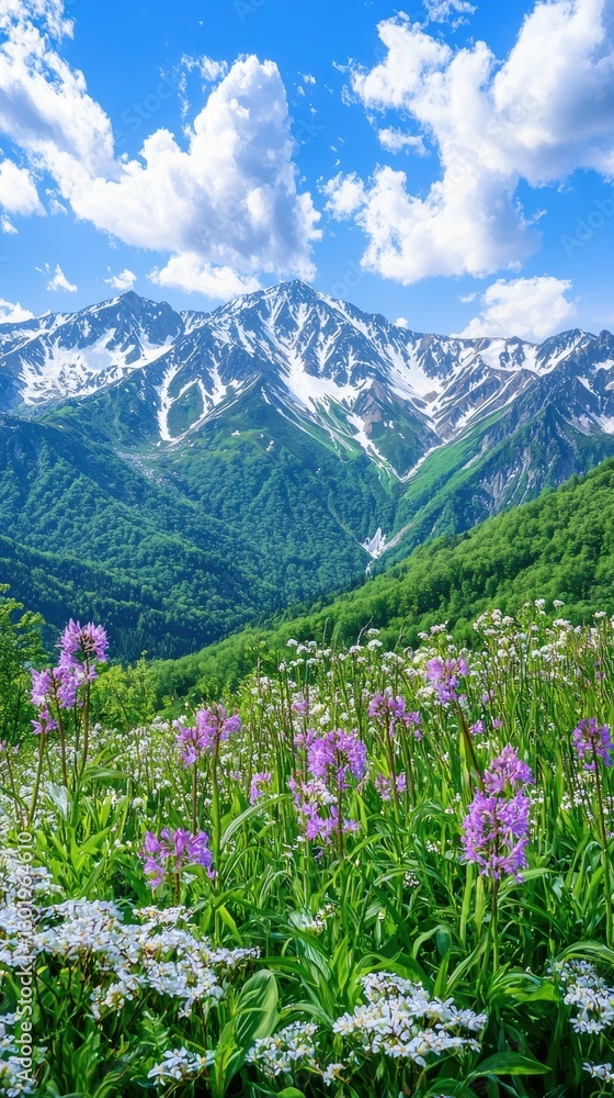 Fototapeta premium Vibrant spring mountain landscape with majestic peaks and blooms