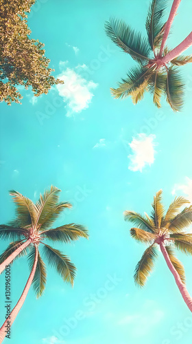 Illustration - Tropical Palm Trees, Sky, Clouds, Summer, Vacation, Travel, Nature, Paradise, Island