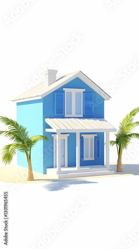 3D Illustration Tropical Beach House, Palms, Sand, and Summer Vibes