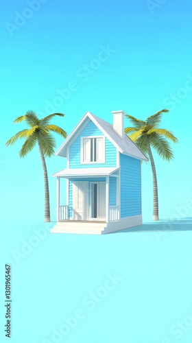 3D Illustration Summer Vacation Home, Beach, Tropical, Palm Trees, Blue Sky