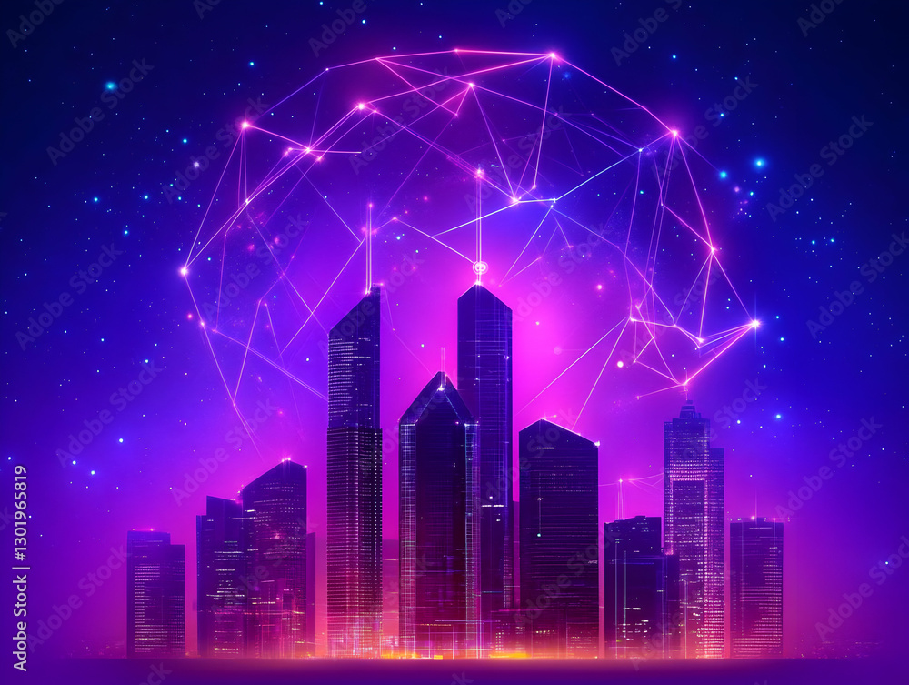 Fototapeta premium Illustration - Cityscape at Night with Futuristic Network