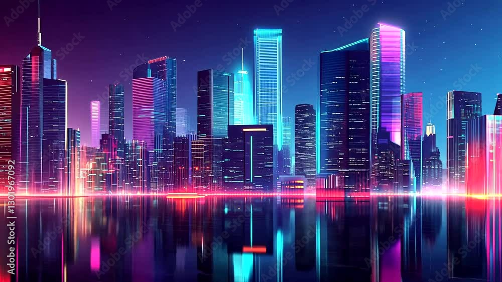 Vibrant city skyline at night with colorful lights reflecting on calm water Vibrant city skyline at night with colorful lights reflecting on calm water
