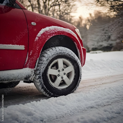 Photo Red Car Snow Winter T...