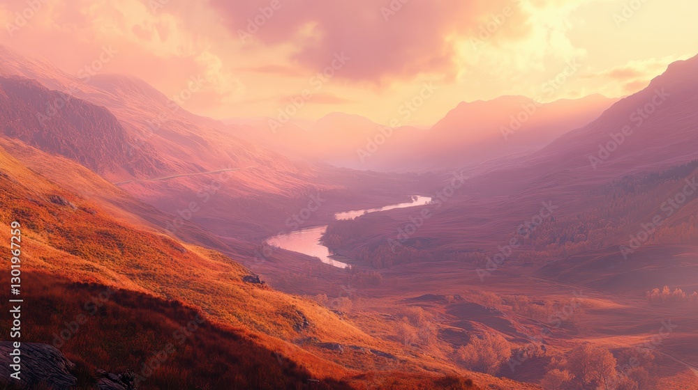 Naklejka premium Scenic Sunrise Over Valley with River and Mountains in Background