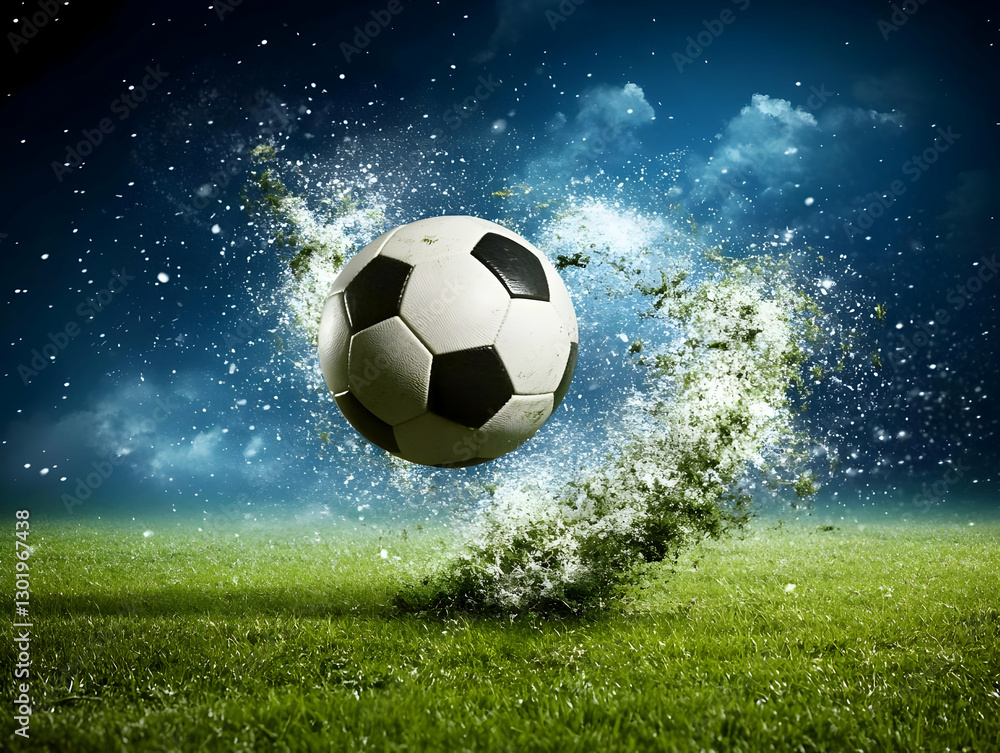 Fototapeta premium Illustration of Soccer Ball Exploding Over Grass Field