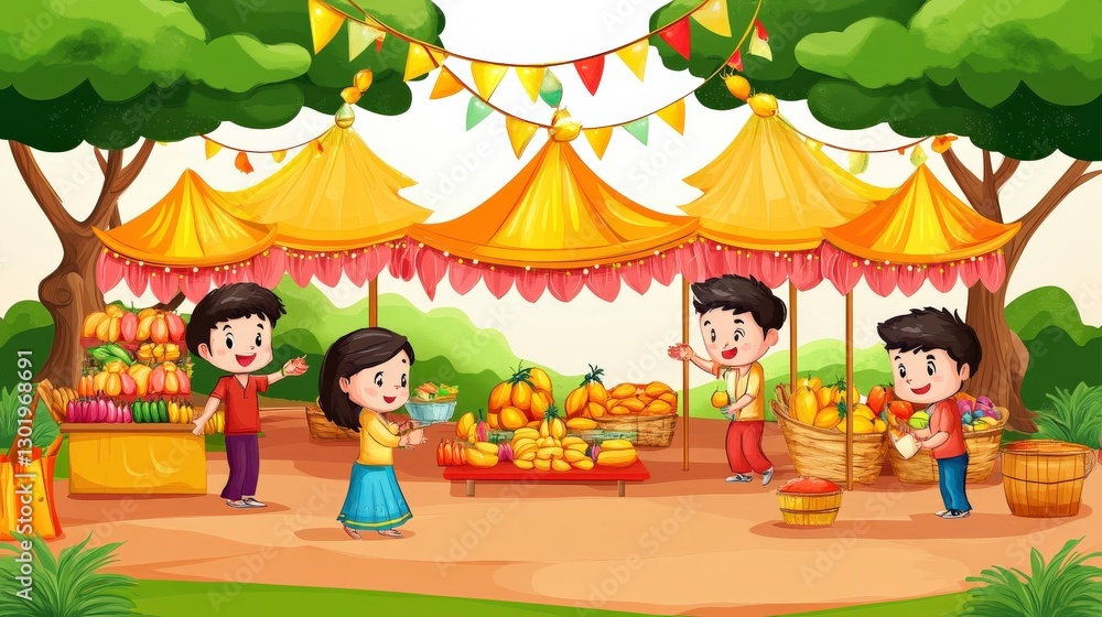Cheerful Mango Festival with Happy Families and Vendors Cheerful Mango Festival with Happy Families and Vendors