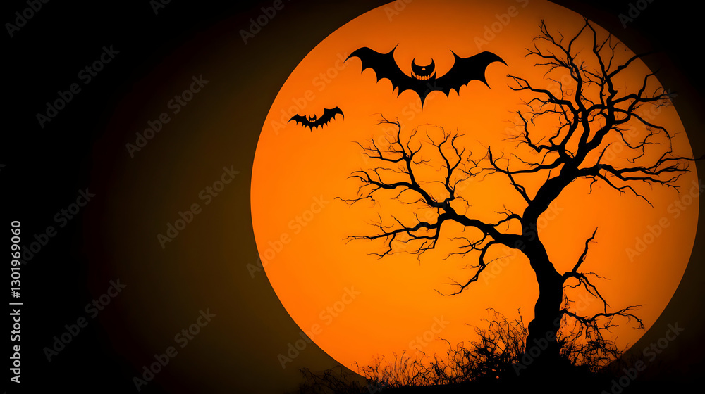 Illustration Background Spooky Night, Halloween, Bats, Moon, Tree, Orange, Dark, Scary