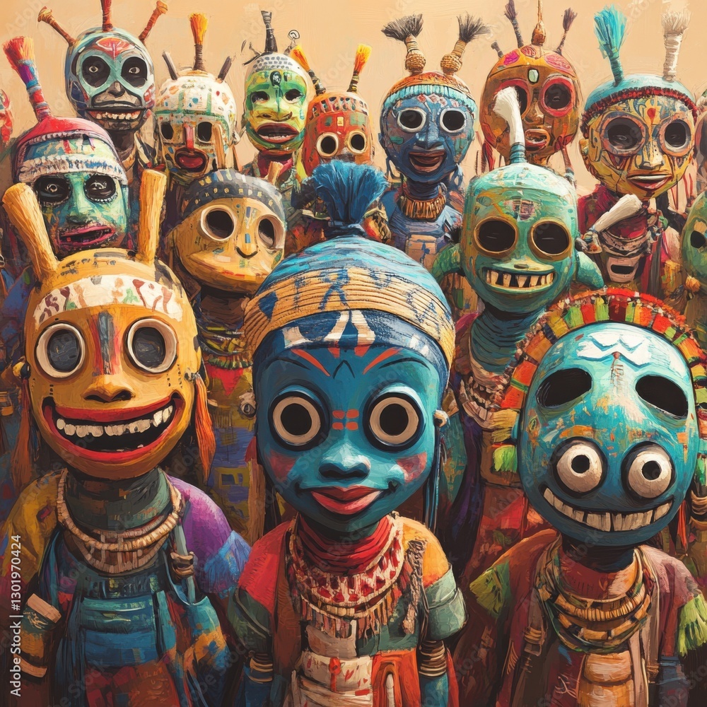 Vibrant Yoruba Egungun Masks in High Angle Cartoon Scene Vibrant Yoruba Egungun Masks in High Angle Cartoon Scene