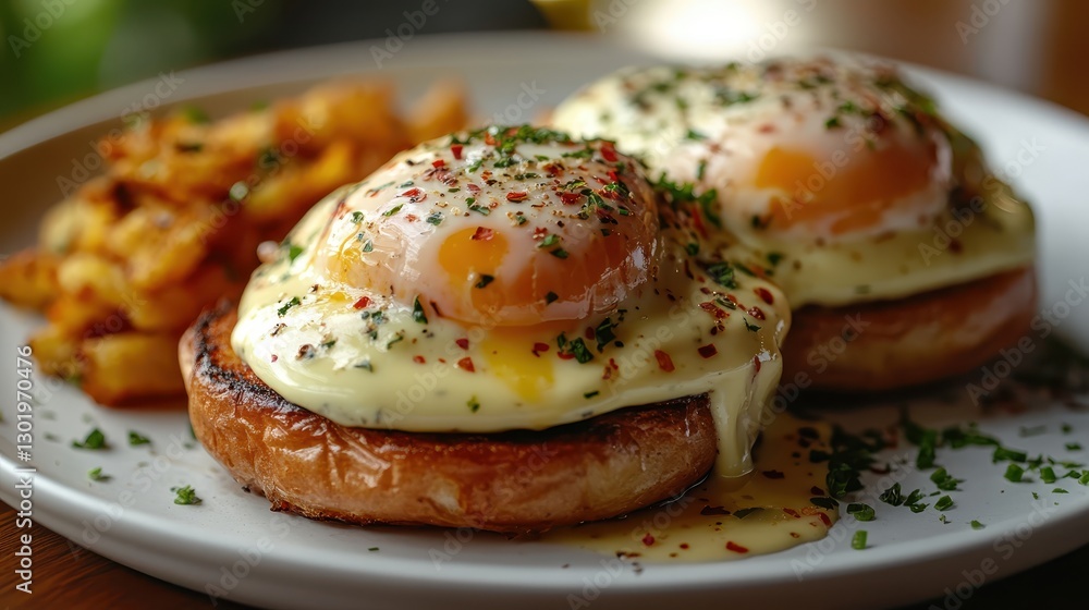 Delicious Eggs Benedict with Hollandaise Sauce and Crispy Potatoes Delicious Eggs Benedict with Hollandaise Sauce and Crispy Potatoes