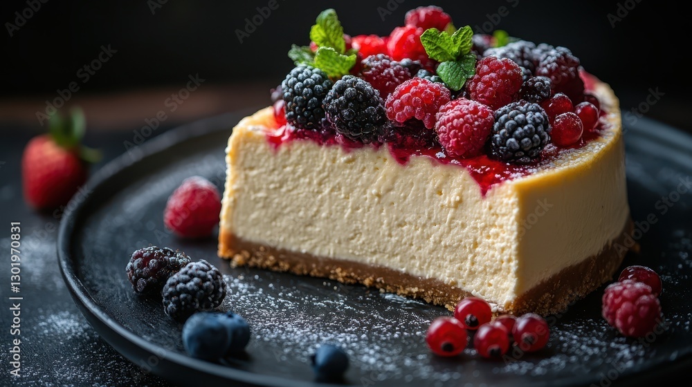 Delicious Cheesecake Topped with Fresh Berries and Mint Garnish Delicious Cheesecake Topped with Fresh Berries and Mint Garnish