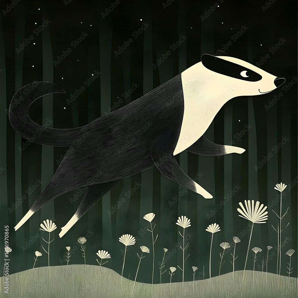 Illustration - Night Badger Frolic Nature, Wildlife, Animal, Forest, Dark, Leaping, Flowers, Grass, Stars, Whimsical