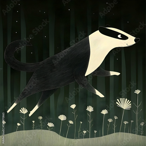 Obraz na płótnie Illustration - Night Badger Frolic Nature, Wildlife, Animal, Forest, Dark, Leaping, Flowers, Grass, Stars, Whimsical w salonie