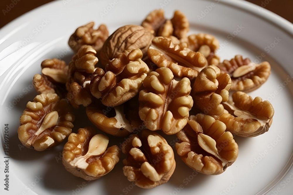 A close-up of walnut kernels on white plate A close-up of walnut kernels on white plate