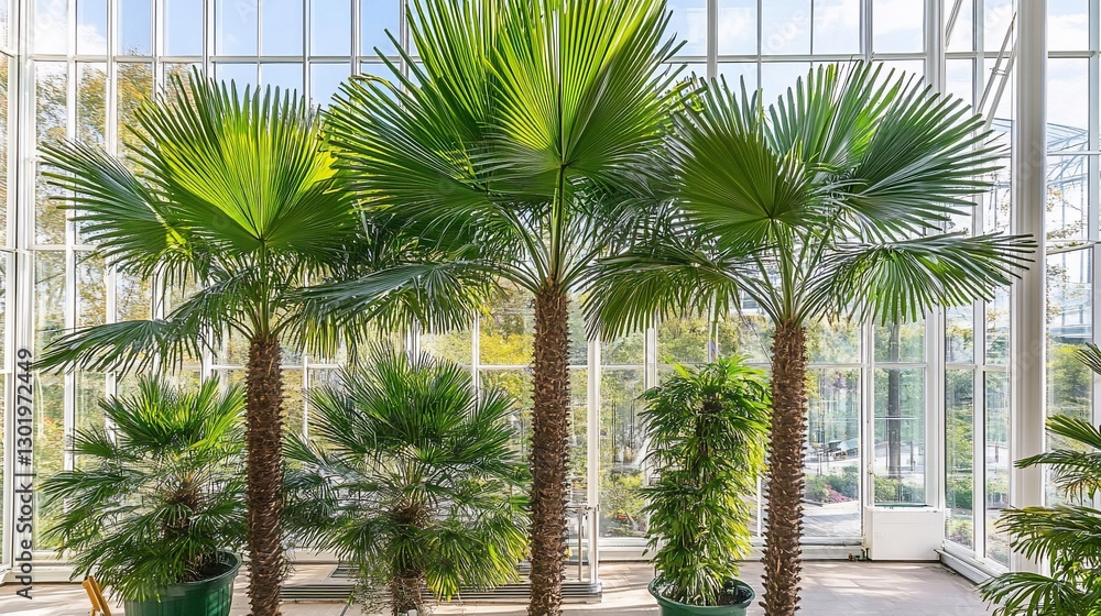 Fototapeta premium Palm trees thrive in sunlit conservatory