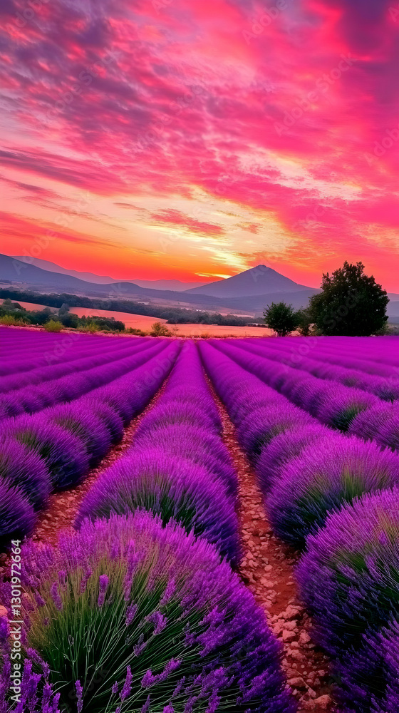 Naklejka premium Photo Lavender Field Sunset Landscape Purple Flowers Nature Scenic