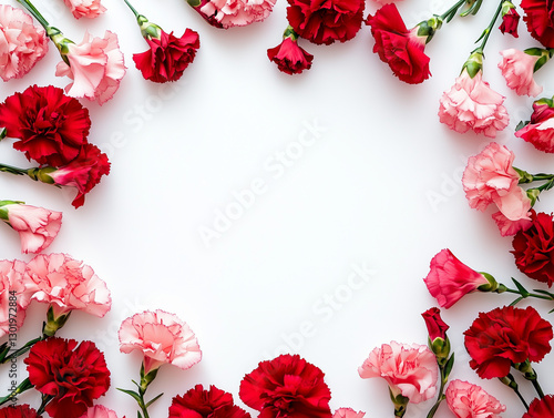 赤とピンクのカーネーションのフレーム ピンク背景　母の日イメージ