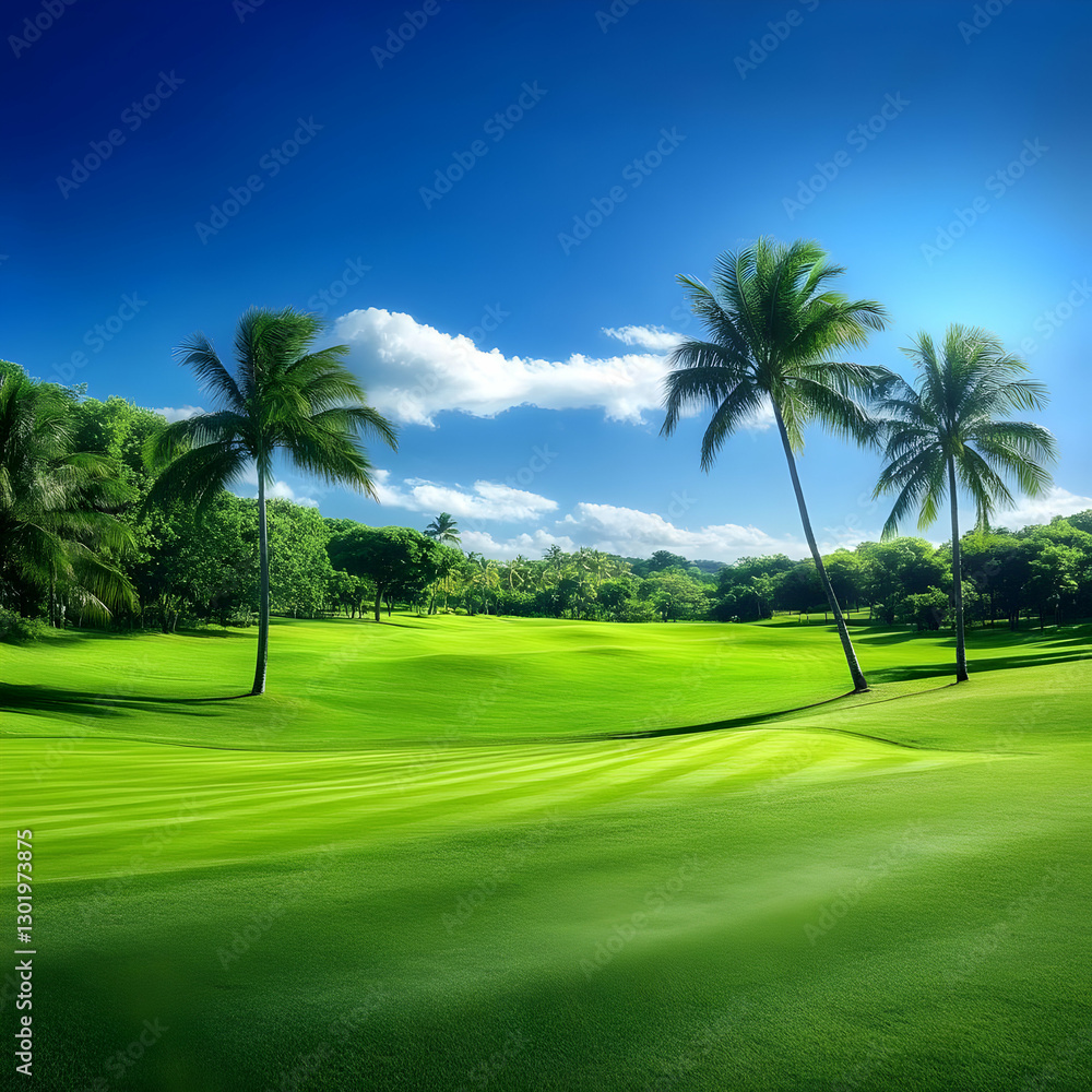 Photo - Lush Green Golf Course with Palm Trees under Blue Sky Photo - Lush Green Golf Course with Palm Trees under Blue Sky