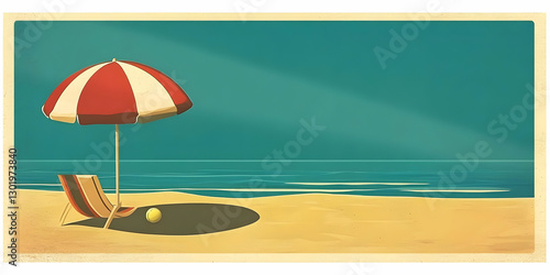 Illustration - Serene Beach Scene, Umbrella, Chair, Ball