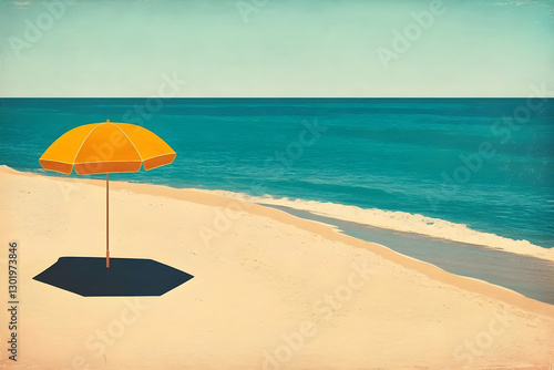 Summer Beach Illustration: Yellow Umbrella on Sandy Shore