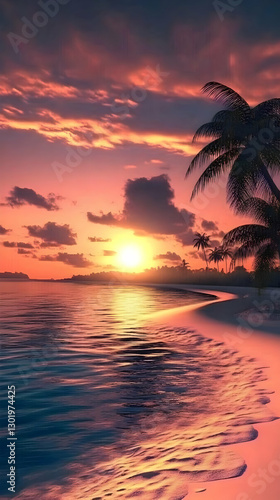 Tropical Sunset Beach Illustration - Ocean, Sand, Palm Trees, Dusk, Sky, Clouds, Waves, Coast, Island