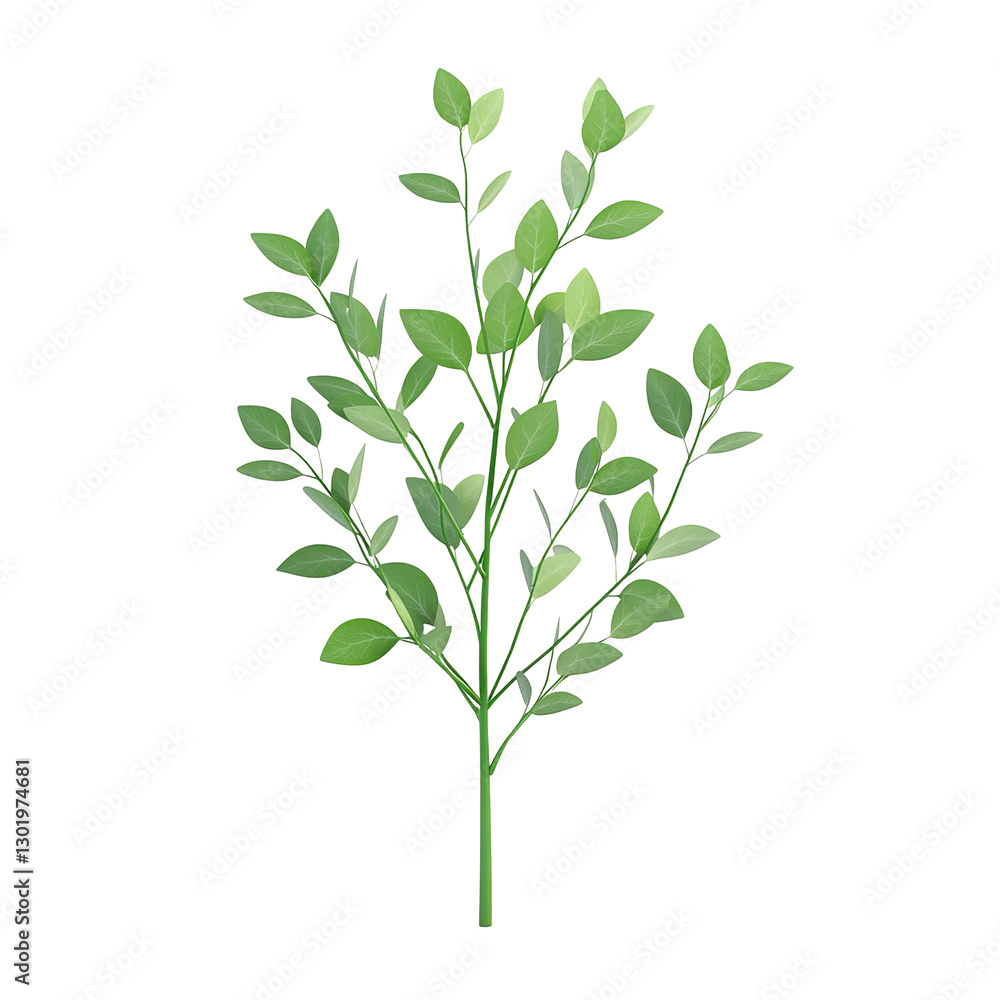 The image presents a detailed isolated branch with numerous vibrant green leaves isolated on transparent background. The image presents a detailed isolated branch with numerous vibrant green leaves isolated on transparent background.