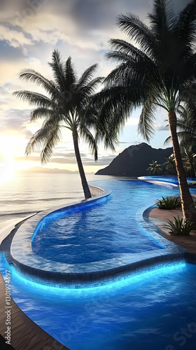 3D Illustration Tropical Infinity Pool Sunset Ocean Palm Trees Paradise