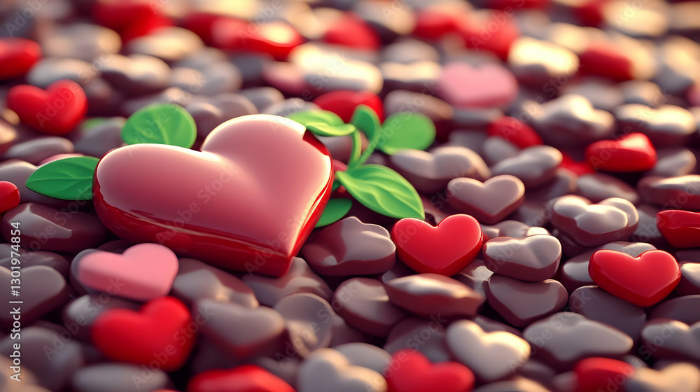 Obraz premium 3D Illustration, Love, Heart, Green Leaves, Romance, Valentine's Day, Affection, Passion, Red Hearts, Pink Hearts