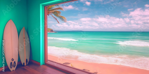 Illustration of Surfboards by Open Window Overlooking Tropical Ocean View