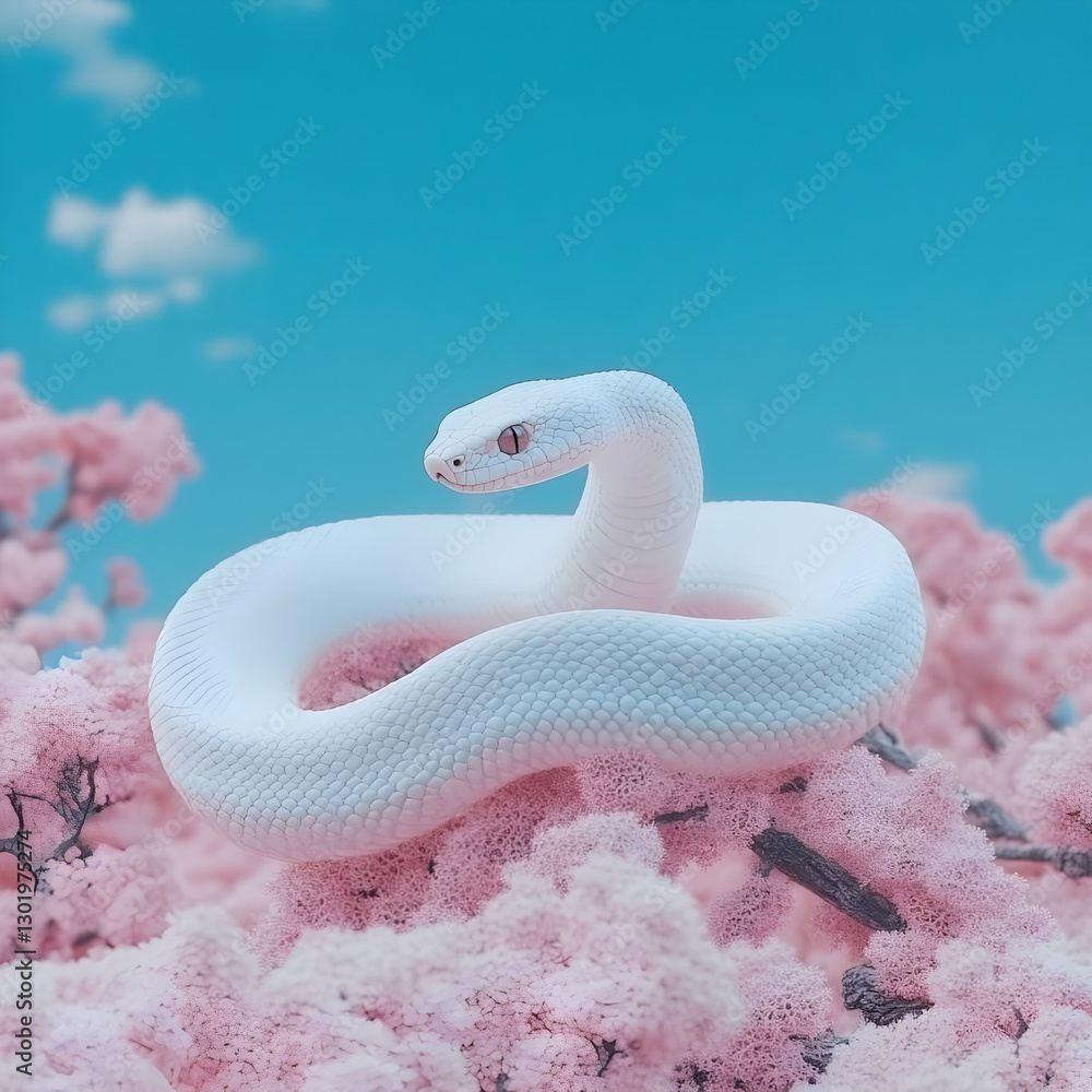 Fototapeta premium 3D Illustration White Snake Pink Blossoms Blue Sky Clouds