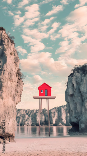 3D Illustration - Red House on Stilts Between Cliffs, Beach