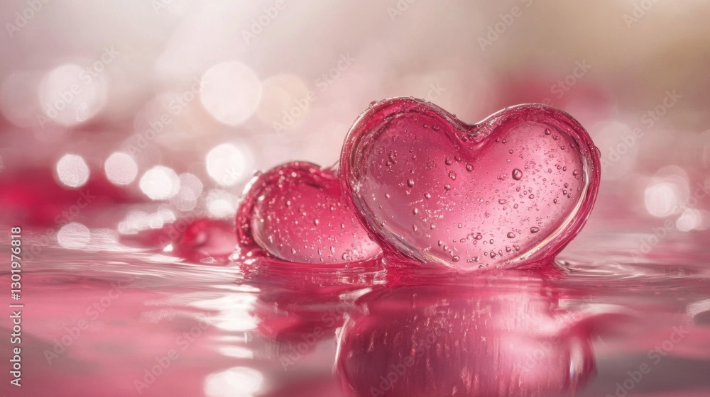 Fototapeta premium Two Pink Glass Hearts Floating in Water
