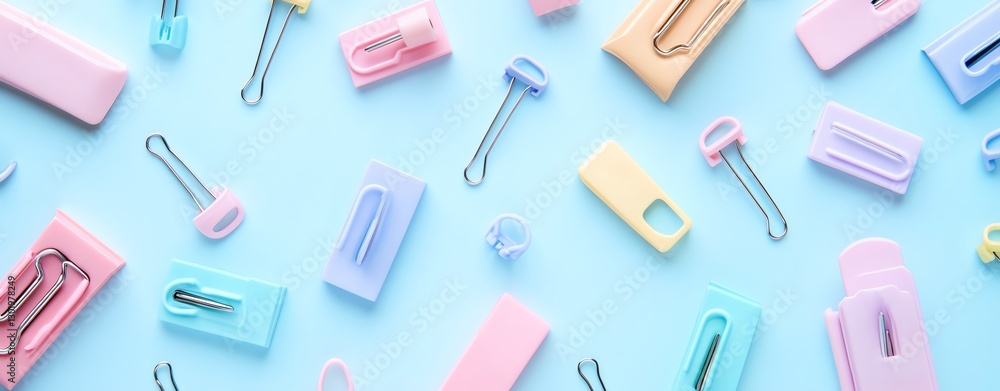 Colorful Stationery Supplies Arranged on a Blue Background for Creative Organization and Inspiration Colorful Stationery Supplies Arranged on a Blue Background for Creative Organization and Inspiration