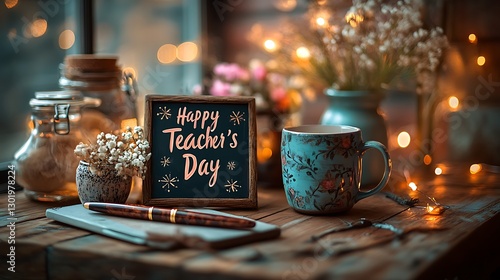 happy teacher day with some card and coffee cup