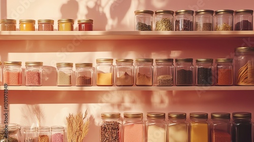 Wallpaper Mural Colorful Spice Jars Arranged on Wooden Shelves Against a Soft Pink Wall in a Cozy Culinary Space Torontodigital.ca