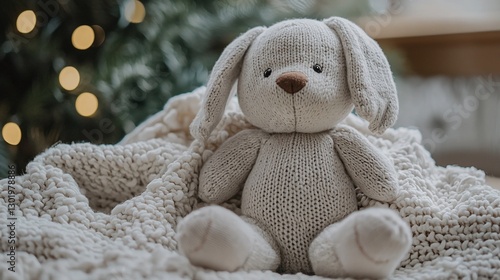 Wallpaper Mural Knitted bunny toy on cozy blanket, Christmas lights background Torontodigital.ca