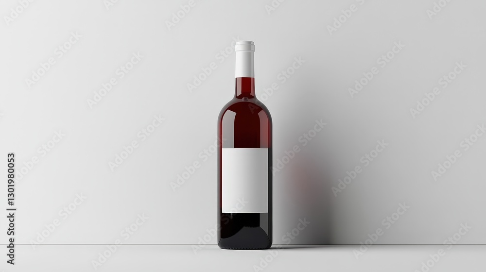 Elegant red wine bottle, adorned with a crisp white label framed by a sleek black border. Resting gracefully on a pristine white surface, exuding sophistication Elegant red wine bottle, adorned with a crisp white label framed by a sleek black border. Resting gracefully on a pristine white surface, exuding sophistication