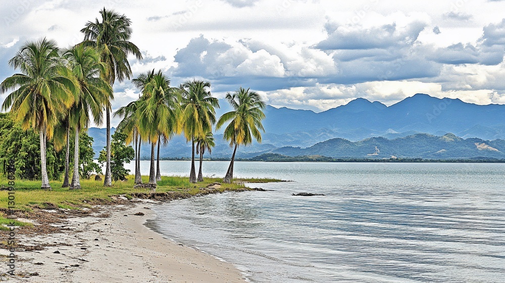Fototapeta premium Tropical beach, palm trees, mountains, calm sea, travel postcard