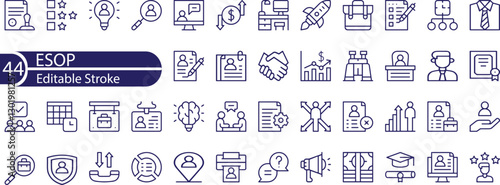 ESOP, Employee Stock Ownership Plan, business concept thin line icon set. Outline symbol collection. Editable vector stroke