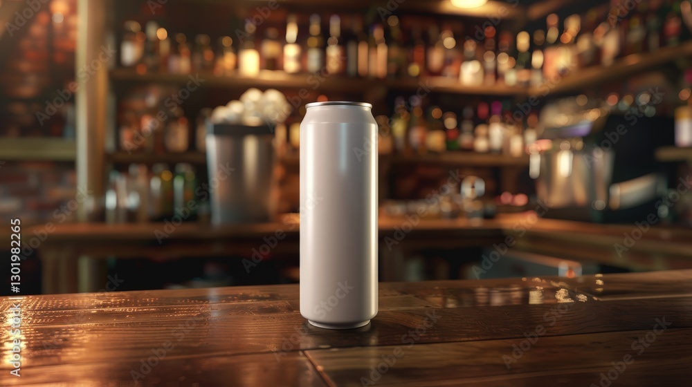 Glossy white beer can centered on a polished wooden table, casting subtle reflections. Light dances across both surfaces, highlighting texture and sheen, with the can angled invitingly to the right Glossy white beer can centered on a polished wooden table, casting subtle reflections. Light dances across both surfaces, highlighting texture and sheen, with the can angled invitingly to the right