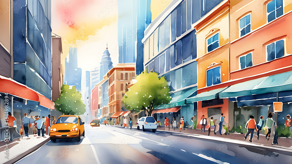 Obraz premium Watercolor Painting of a Busy City Street with Cars and People